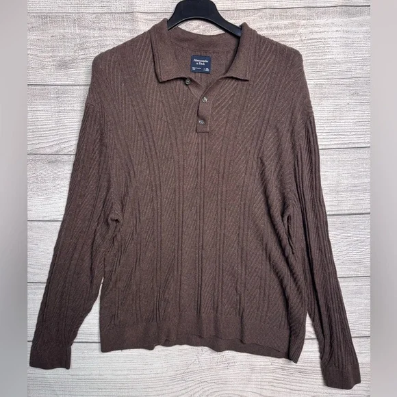 Abercrombie & Fitch Oversized Sweater Mens XXL Tall Brown Polo Collared Knit - Picture 1 of 4